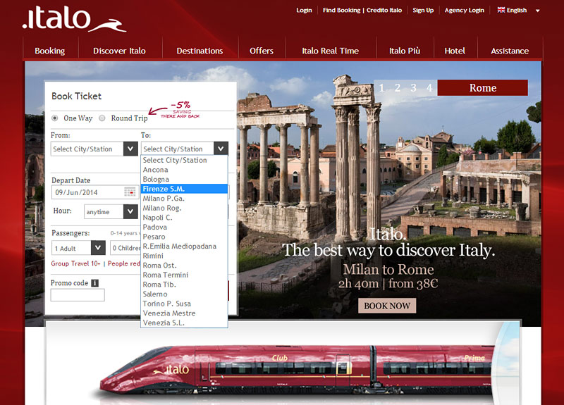 イタリアの高速鉄道 イタロの列車時刻検索