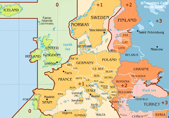ヨーロッパのタイムゾーン地図・時差一覧表